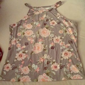 No Boundaries Gray Printed Floral Tank Top